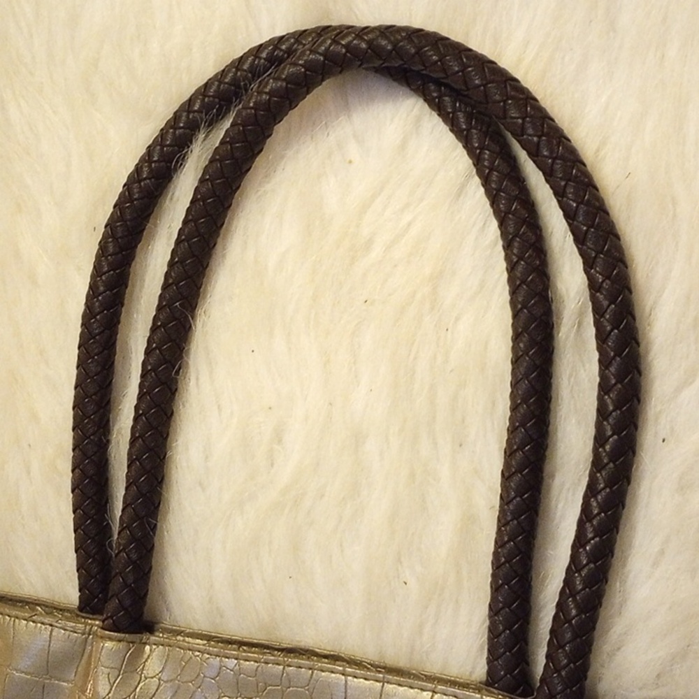 Large Saks Fifth Avenue Tote. Croc embossed. Brass tone. Braided brown straps. - Picture 10 of 11